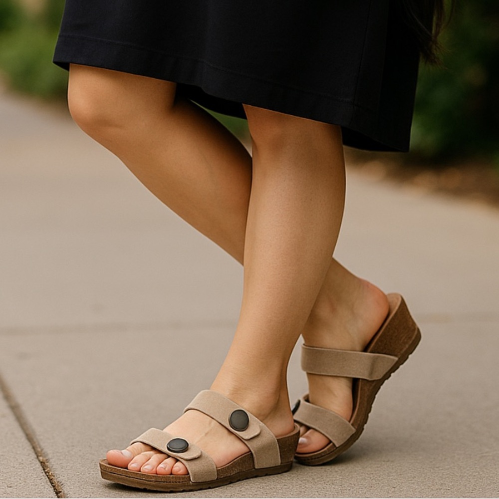 Yokono Suede Two Strap Wedge Heel Slide Sandal in Tan Size 7 1/2